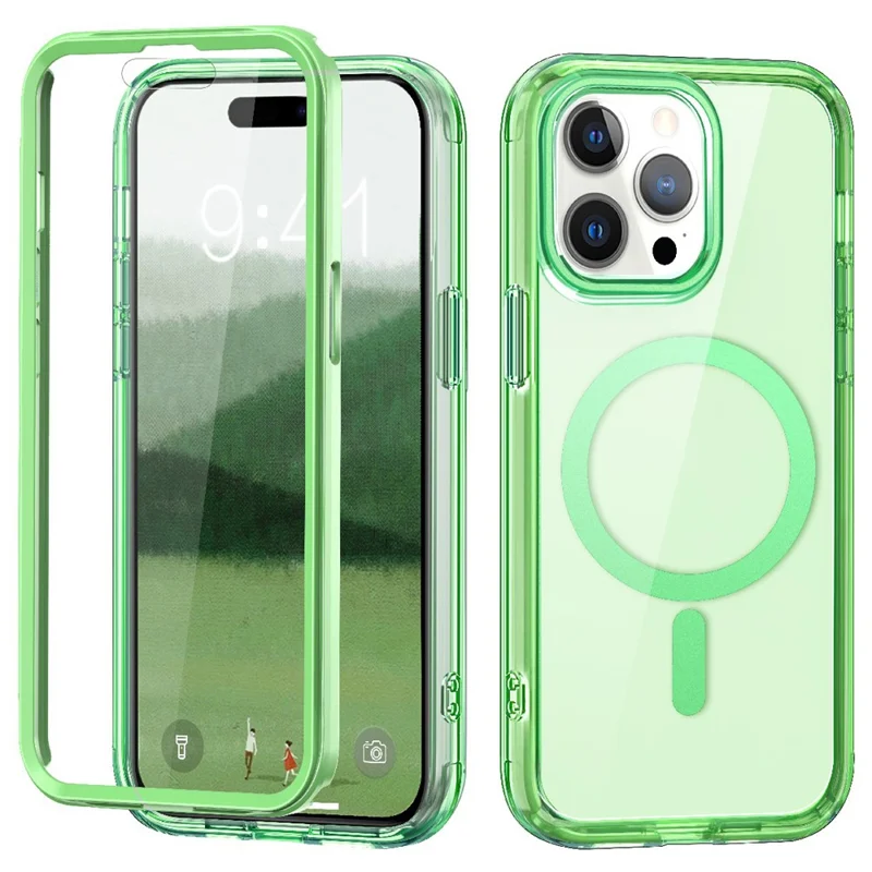 Étui magnétique pour iPhone 16 Pro en PC+TPU+PET résistant aux chocs - Transparent Vert