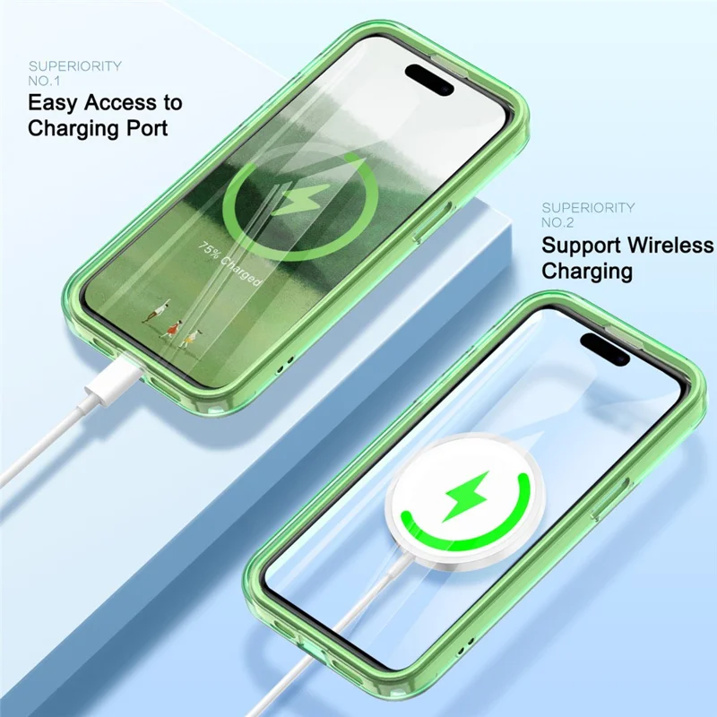 Étui magnétique pour iPhone 16 Pro en PC+TPU+PET résistant aux chocs - Transparent Vert