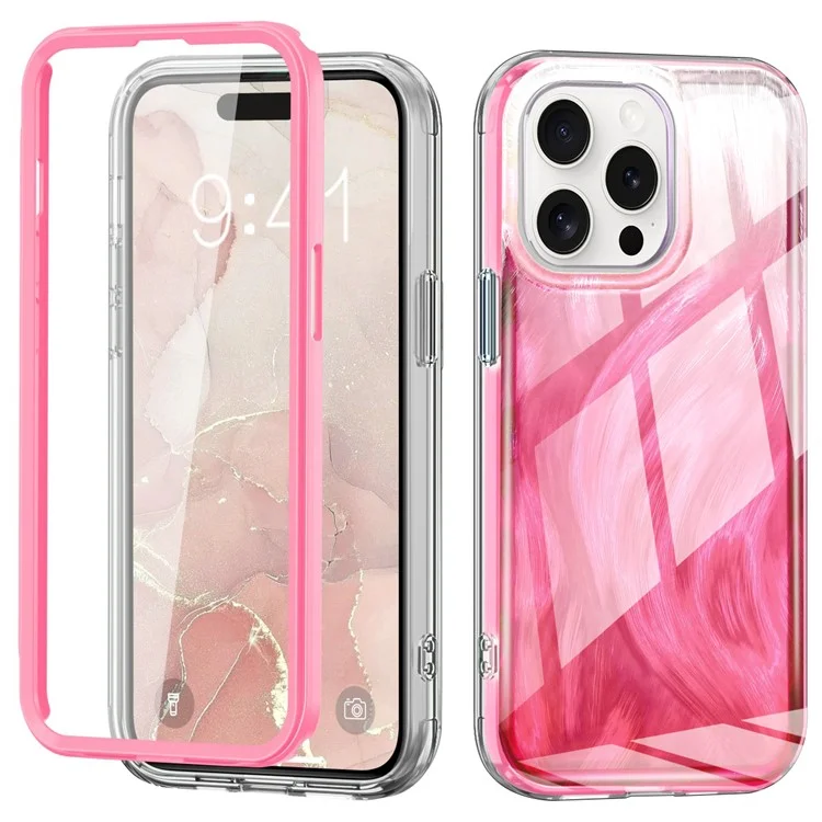 Für iPhone 16 Pro Max Hülle Gradient Feder Muster PC+TPU Handyhülle Mit eingebautem PET-Displayschutzfilm - Rose