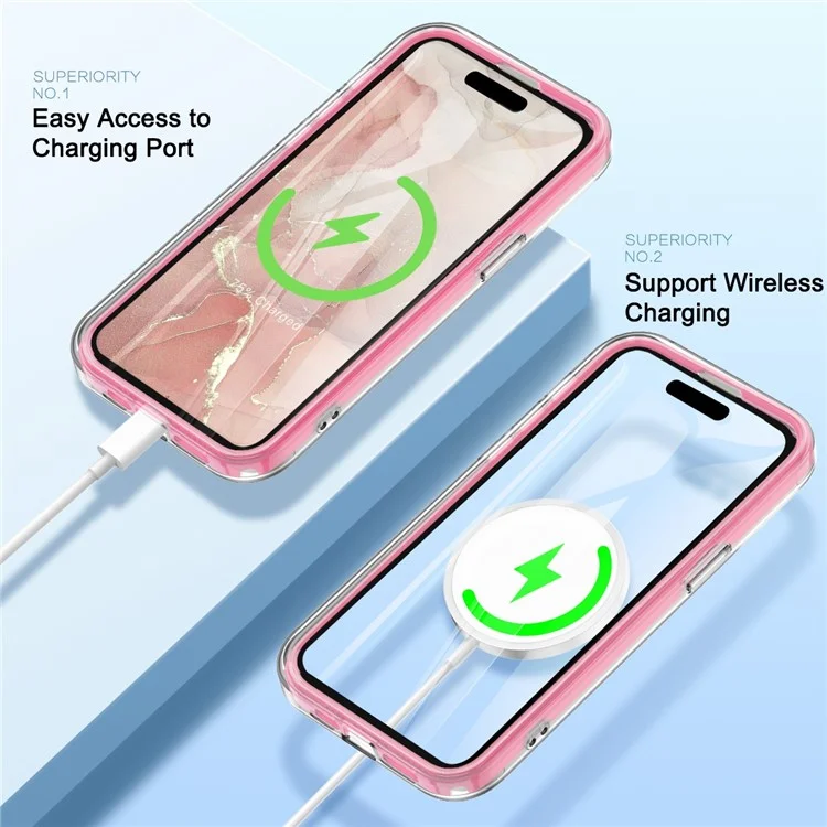 Für iPhone 16 Pro Max Hülle Gradient Feder Muster PC+TPU Handyhülle Mit eingebautem PET-Displayschutzfilm - Rose