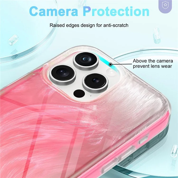 Für iPhone 16 Pro Max Hülle Gradient Feder Muster PC+TPU Handyhülle Mit eingebautem PET-Displayschutzfilm - Rose
