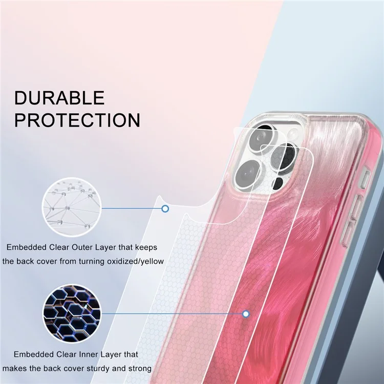 Für iPhone 16 Pro Max Hülle Gradient Feder Muster PC+TPU Handyhülle Mit eingebautem PET-Displayschutzfilm - Rose