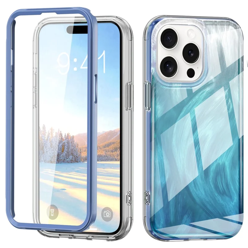 For iPhone 16 Pro Max Case Gradient Feather Pattern PC+TPU Phone Cover Built-In PET Screen Film - Blue
