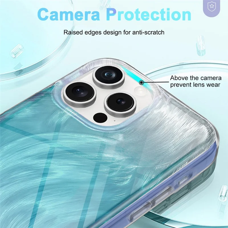 For iPhone 16 Pro Max Case Gradient Feather Pattern PC+TPU Phone Cover Built-In PET Screen Film - Blue