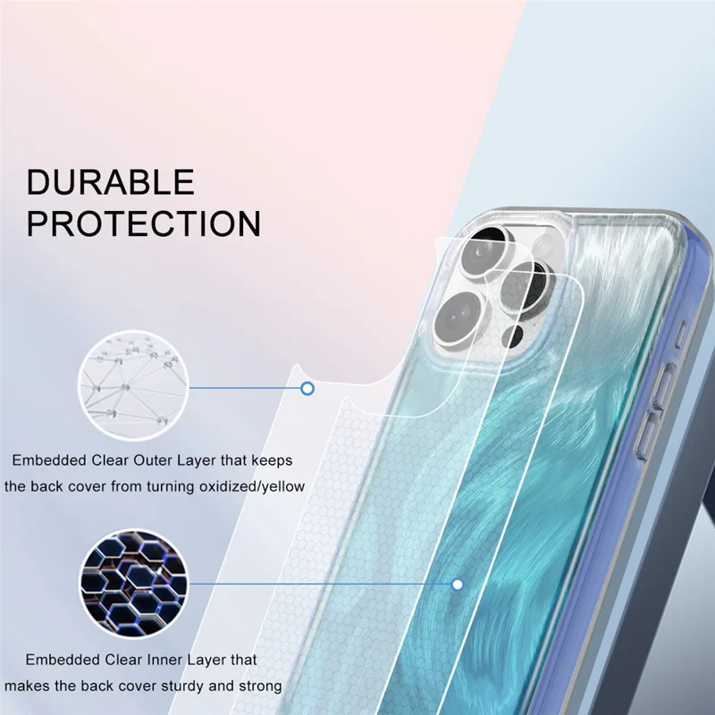 For iPhone 16 Pro Max Case Gradient Feather Pattern PC+TPU Phone Cover Built-In PET Screen Film - Blue
