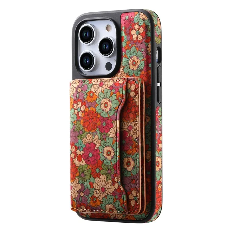 Funda magnética D16 para iPhone 15 Pro Max con bolsa extraíble para tarjetas y flores de piel - Rojo