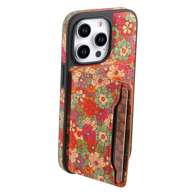Funda magnética D16 para iPhone 15 Pro Max con bolsa extraíble para tarjetas y flores de piel - Rojo