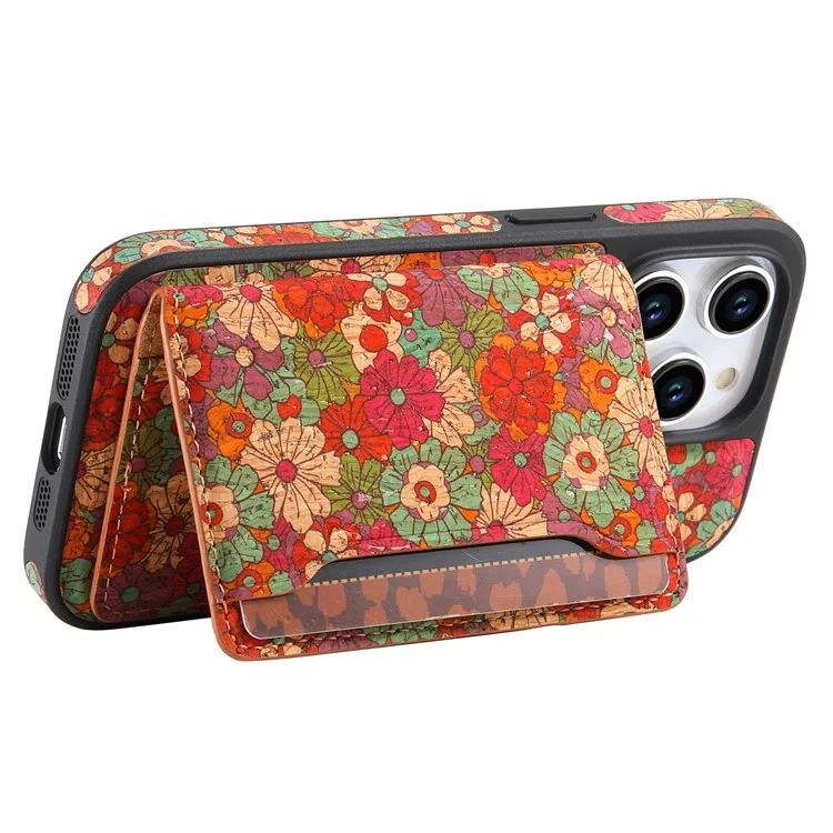 Funda magnética D16 para iPhone 15 Pro Max con bolsa extraíble para tarjetas y flores de piel - Rojo