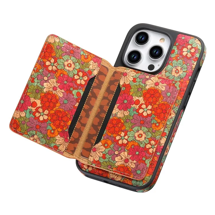 Funda magnética D16 para iPhone 15 Pro Max con bolsa extraíble para tarjetas y flores de piel - Rojo