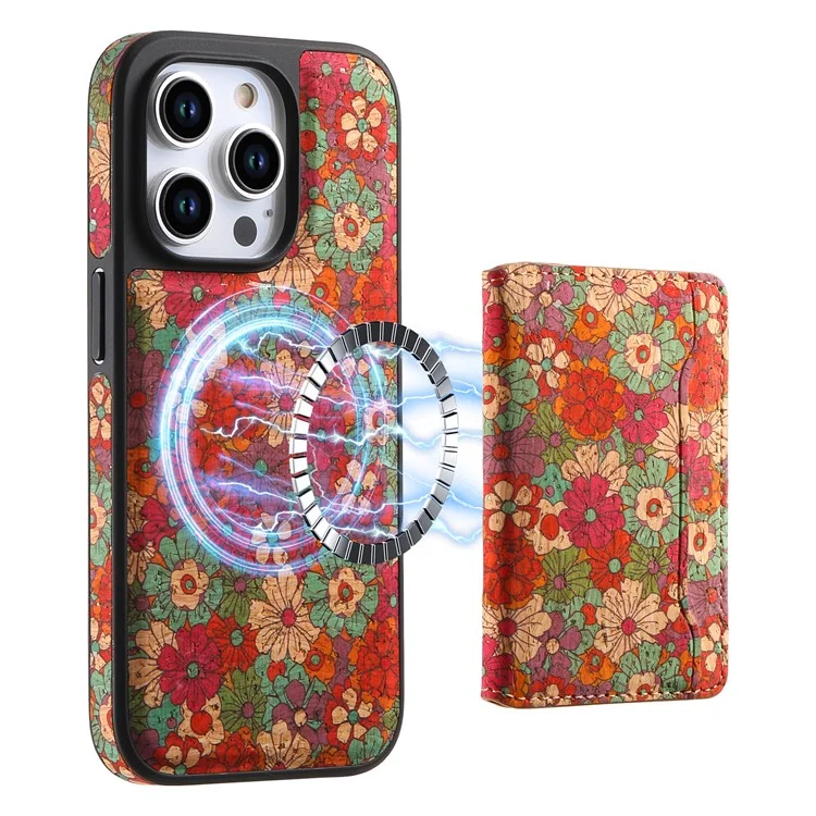 Funda magnética D16 para iPhone 15 Pro Max con bolsa extraíble para tarjetas y flores de piel - Rojo