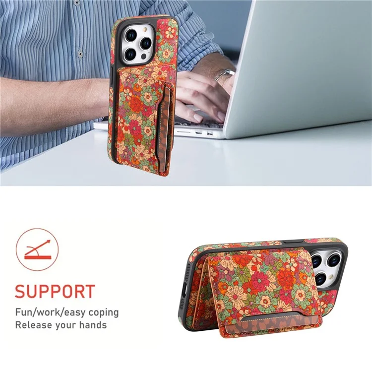 Funda magnética D16 para iPhone 15 Pro Max con bolsa extraíble para tarjetas y flores de piel - Rojo