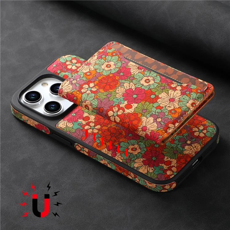 Funda magnética D16 para iPhone 15 Pro Max con bolsa extraíble para tarjetas y flores de piel - Rojo