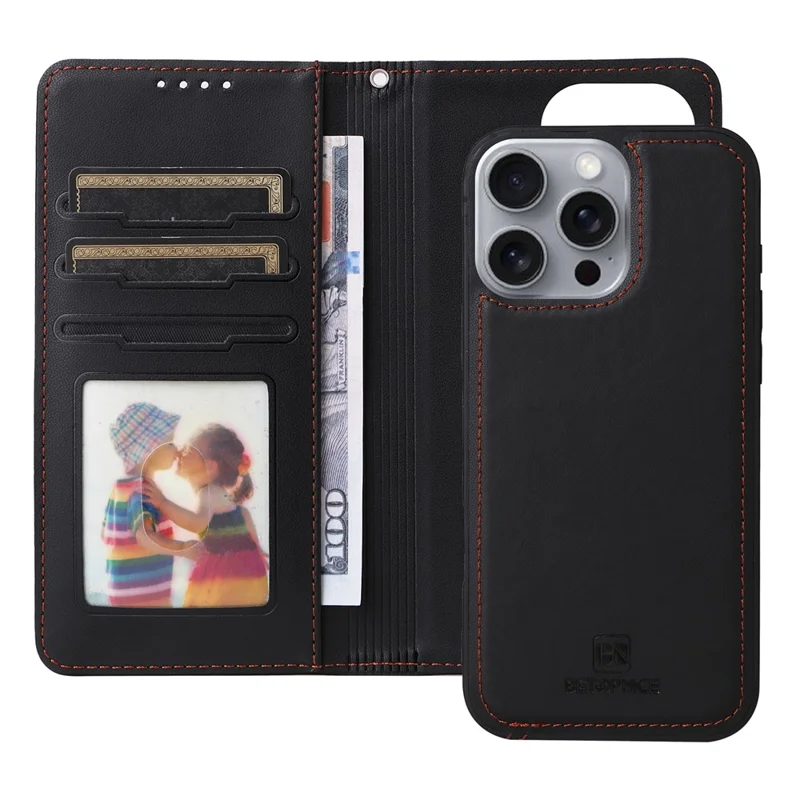 BETOPNICE 005 Funda para iPhone 16 Pro Max Desmontable 2 en 1 Cartera de Cuero Funda de Teléfono - Negro