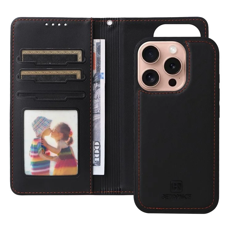 BETOPNICE 005 Für iPhone 16 Pro Hülle Wallet Ledercover Abnehmbar 2-in-1 - Schwarz