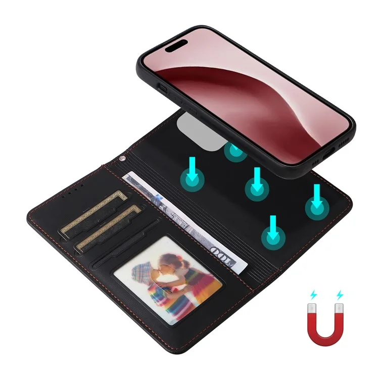 BETOPNICE 005 Für iPhone 16 Pro Hülle Wallet Ledercover Abnehmbar 2-in-1 - Schwarz
