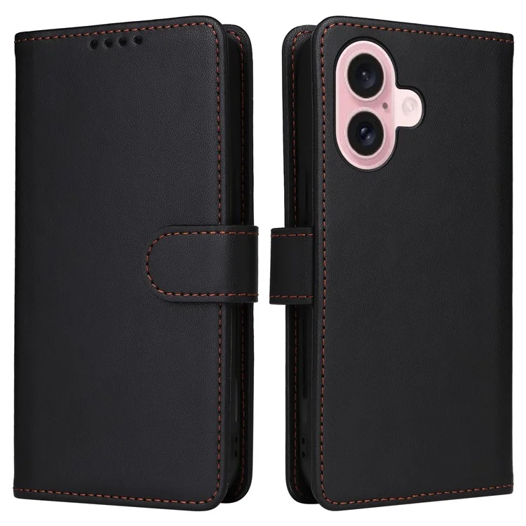 For iPhone 16 Magnetic Case BETOPNICE Detachable PU Leather Phone Cover with Strap - Black