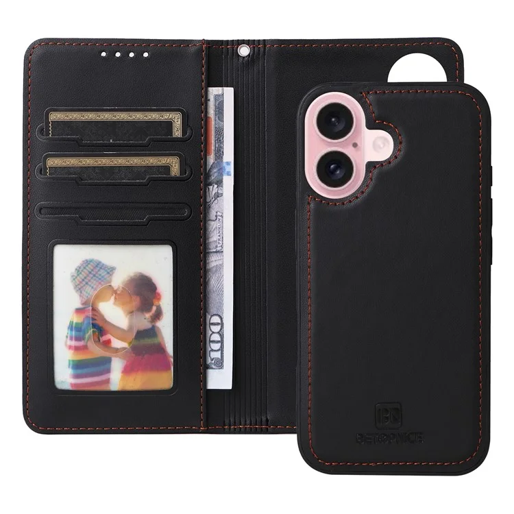 For iPhone 16 Magnetic Case BETOPNICE Detachable PU Leather Phone Cover with Strap - Black