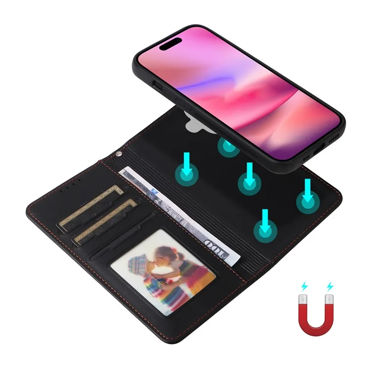 For iPhone 16 Magnetic Case BETOPNICE Detachable PU Leather Phone Cover with Strap - Black