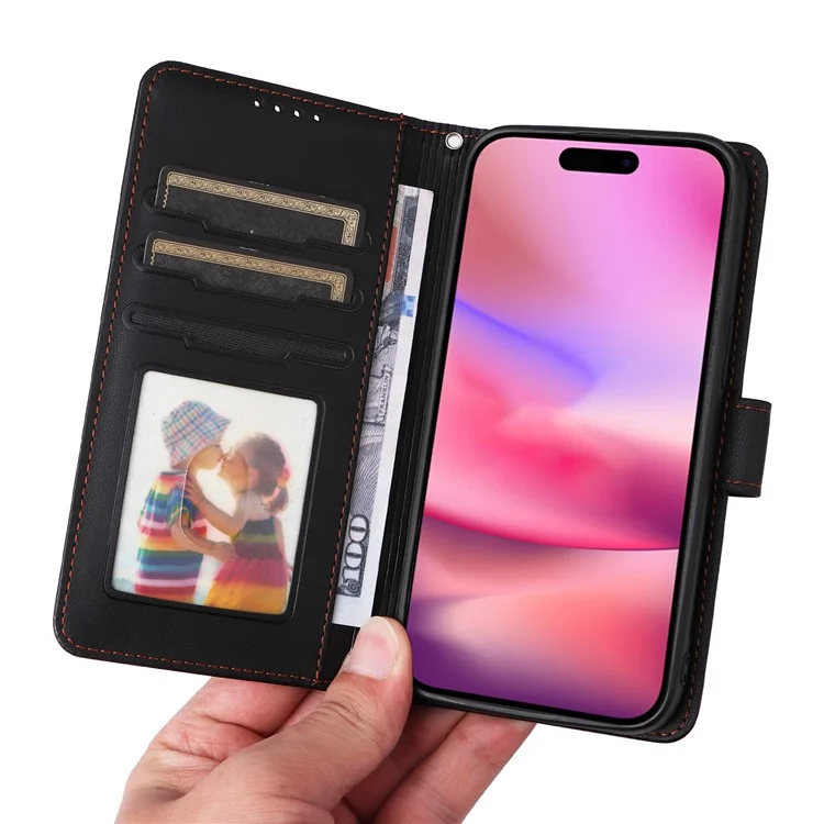 For iPhone 16 Magnetic Case BETOPNICE Detachable PU Leather Phone Cover with Strap - Black