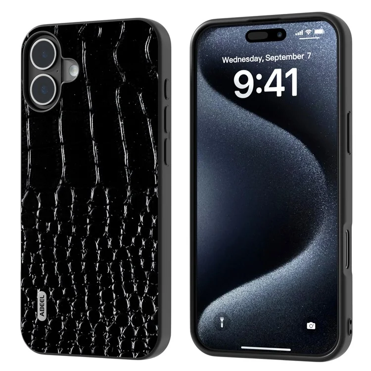 ABEEL Para iPhone 16 Case Textura de Cocodrilo Cuero Genuino de Vaca Recubierto PC+TPU Funda de Teléfono - Negro