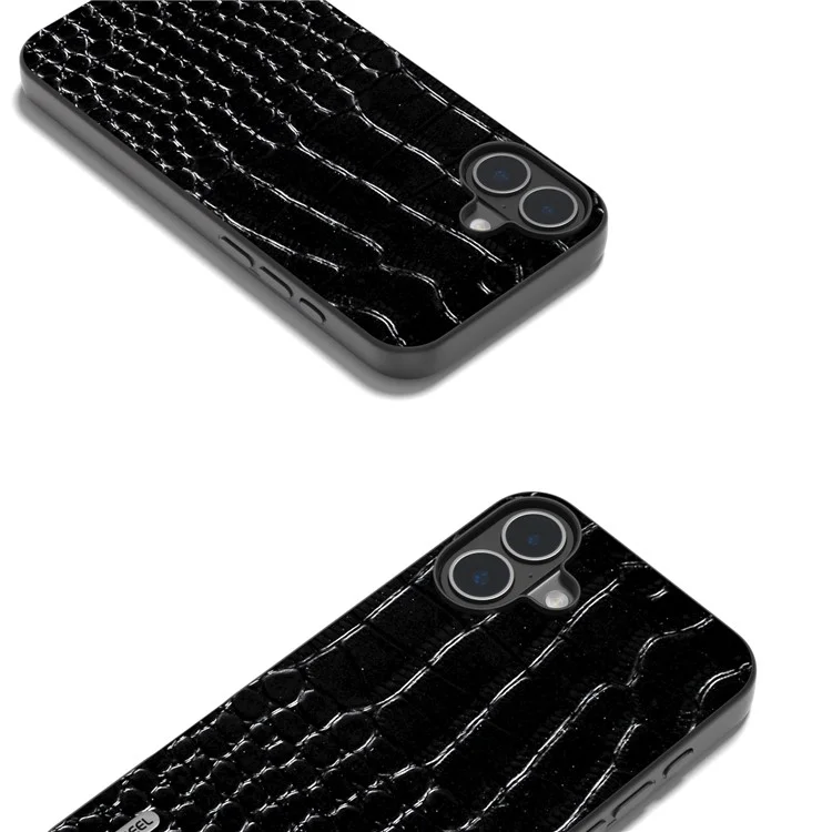 ABEEL Para iPhone 16 Case Textura de Cocodrilo Cuero Genuino de Vaca Recubierto PC+TPU Funda de Teléfono - Negro