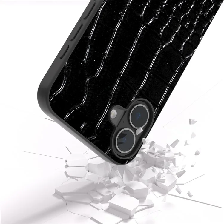 ABEEL Para iPhone 16 Case Textura de Cocodrilo Cuero Genuino de Vaca Recubierto PC+TPU Funda de Teléfono - Negro