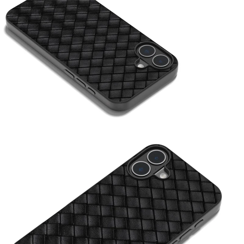 Voor iPhone 16 Plus hoesje Geweven textuur Lederen+PC+TPU Hybride telefoonhoes - Zwart