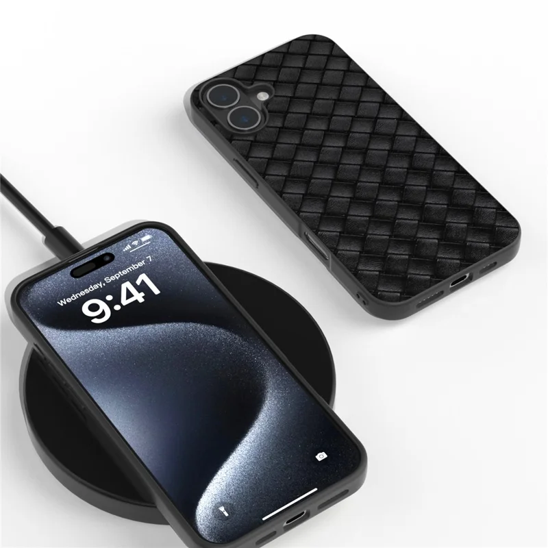 Voor iPhone 16 Plus hoesje Geweven textuur Lederen+PC+TPU Hybride telefoonhoes - Zwart