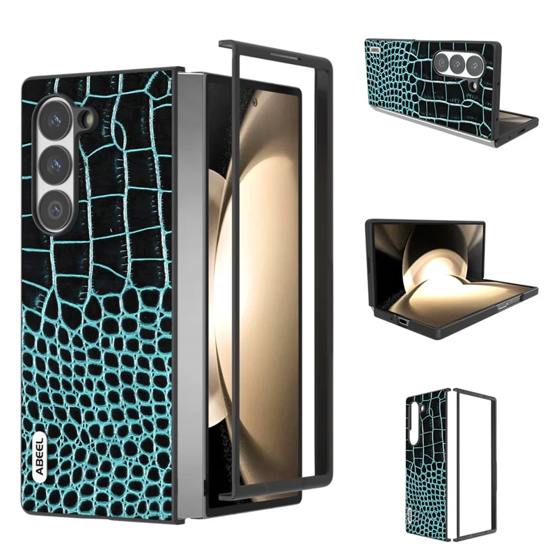 ABEEL For Samsung Galaxy Z Fold6 5G Case Crocodile Texture Genuine Cow Leather+PC Phone Cover - Midnight Green