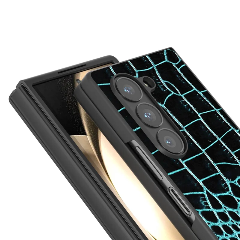 ABEEL For Samsung Galaxy Z Fold6 5G Case Crocodile Texture Genuine Cow Leather+PC Phone Cover - Midnight Green