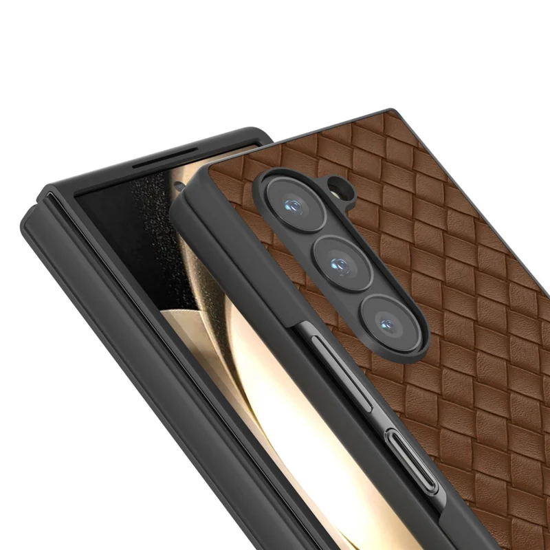 For Samsung Galaxy Z Fold6 5G Case Woven Texture PU Leather Coated PC Phone Cover - Brown
