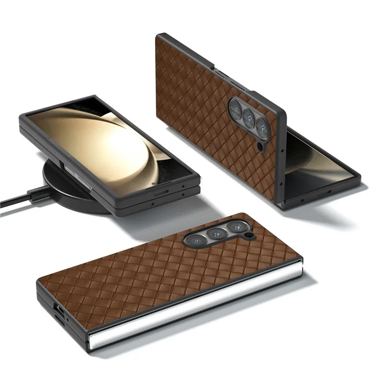 For Samsung Galaxy Z Fold6 5G Case Woven Texture PU Leather Coated PC Phone Cover - Brown
