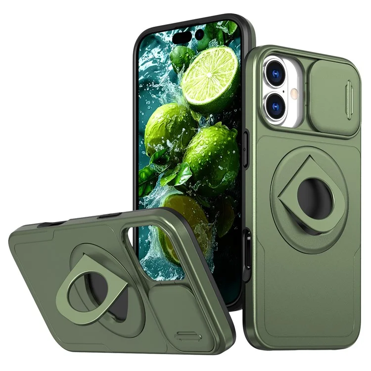 For iPhone 16 Plus Case TPU+PC Magnetic Phone Cover with Kickstand and Camshield - Olive Green