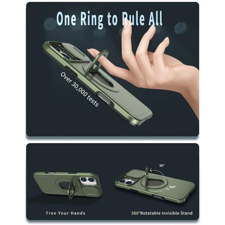 For iPhone 16 Plus Case TPU+PC Magnetic Phone Cover with Kickstand and Camshield - Olive Green