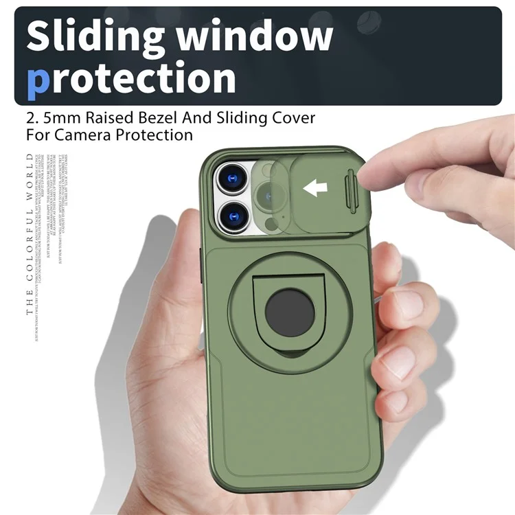 For iPhone 16 Pro Max Magnetic Case Kickstand Slide Lens Cover TPU+PC Phone Shell - Olive Green