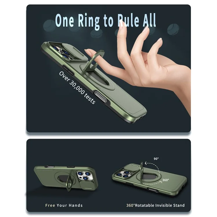 For iPhone 16 Pro Max Magnetic Case Kickstand Slide Lens Cover TPU+PC Phone Shell - Olive Green