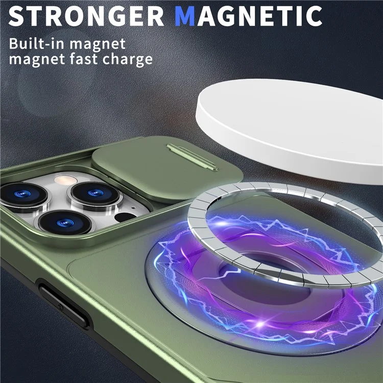 For iPhone 16 Pro Max Magnetic Case Kickstand Slide Lens Cover TPU+PC Phone Shell - Olive Green