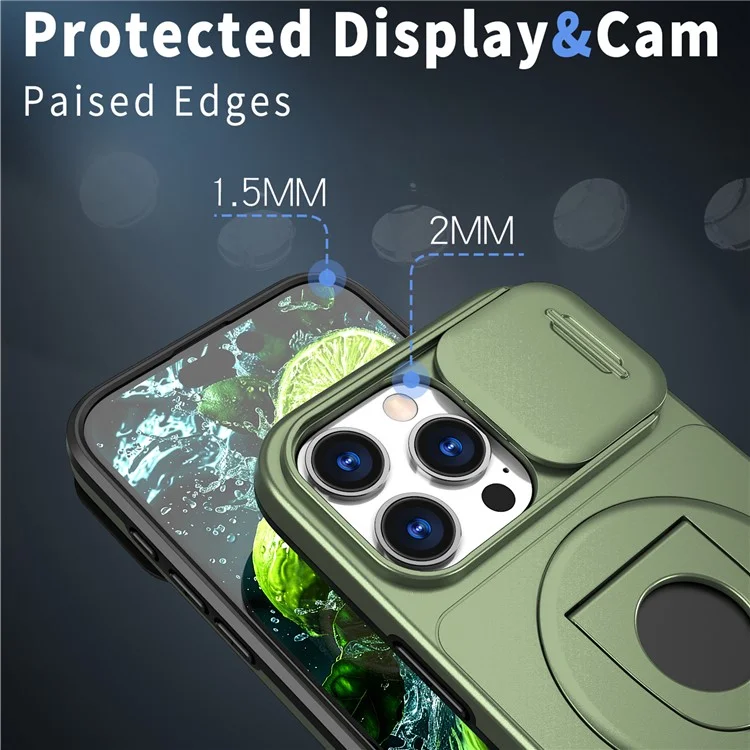 For iPhone 16 Pro Max Magnetic Case Kickstand Slide Lens Cover TPU+PC Phone Shell - Olive Green