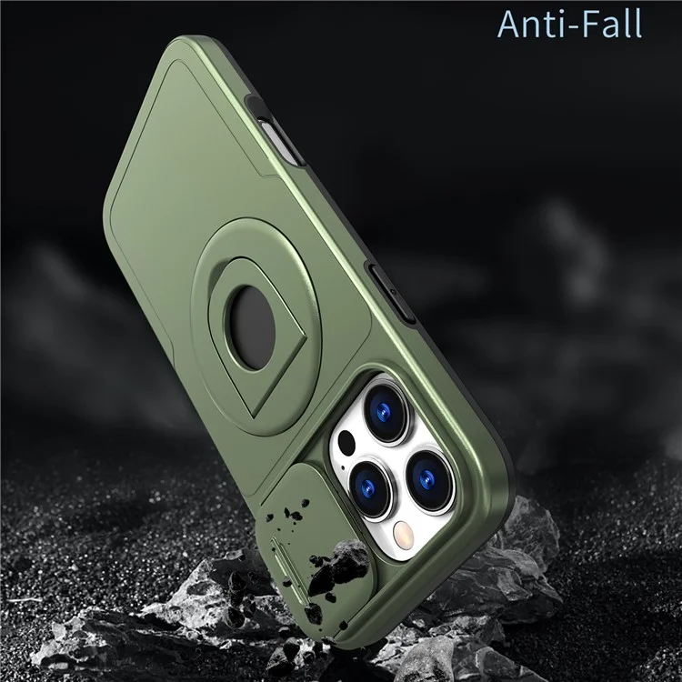 For iPhone 16 Pro Max Magnetic Case Kickstand Slide Lens Cover TPU+PC Phone Shell - Olive Green