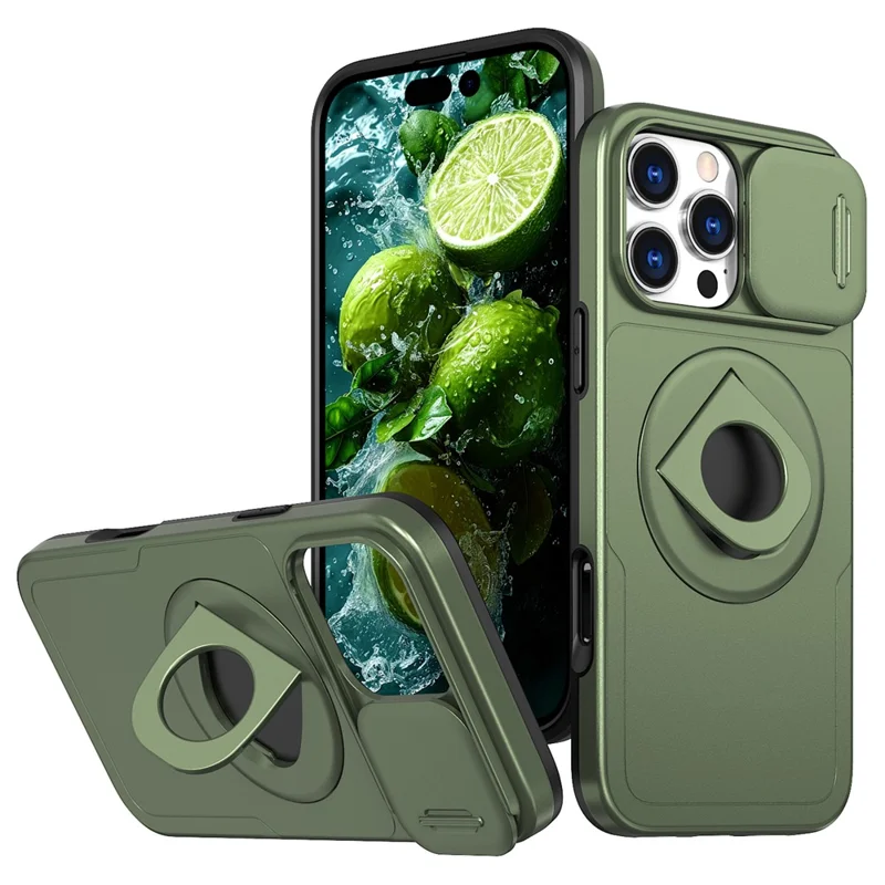 For iPhone 16 Pro Magnetic Phone Case TPU+PC Cover with Kickstand and Slide Lens Lid - Olive Green