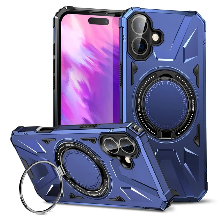 For iPhone 16 Magnetic Case TPU+PC Phone Cover with Rotary Ring Kickstand - Navy Blue