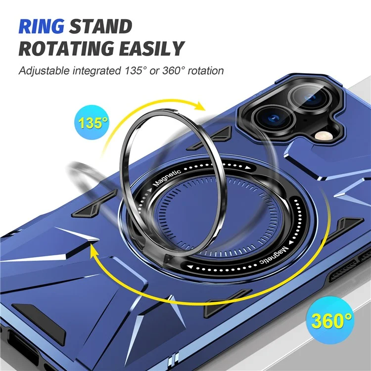 For iPhone 16 Magnetic Case TPU+PC Phone Cover with Rotary Ring Kickstand - Navy Blue