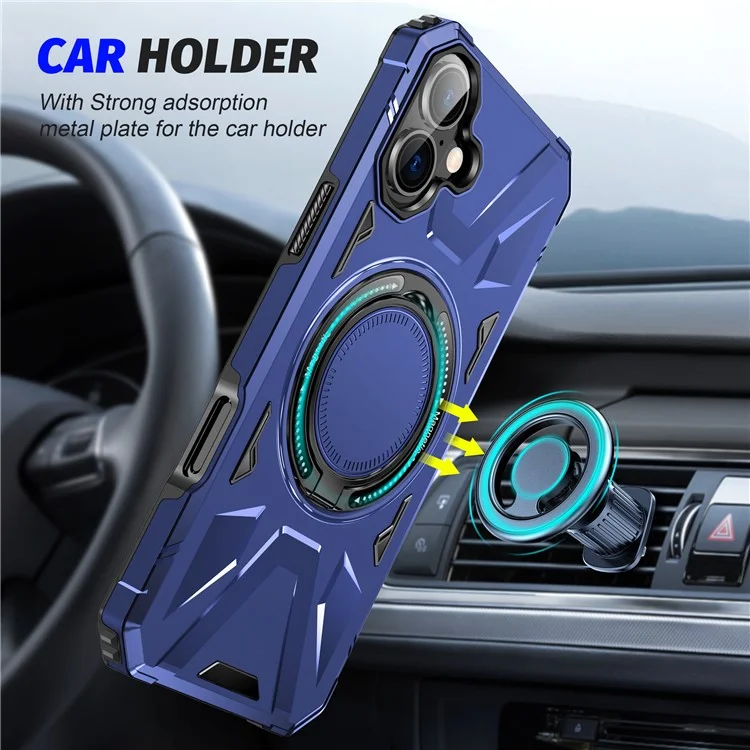 For iPhone 16 Magnetic Case TPU+PC Phone Cover with Rotary Ring Kickstand - Navy Blue