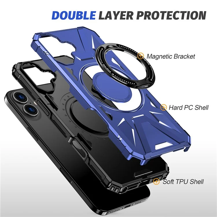 For iPhone 16 Magnetic Case TPU+PC Phone Cover with Rotary Ring Kickstand - Navy Blue