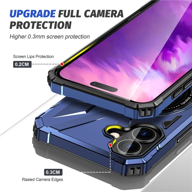 For iPhone 16 Magnetic Case TPU+PC Phone Cover with Rotary Ring Kickstand - Navy Blue