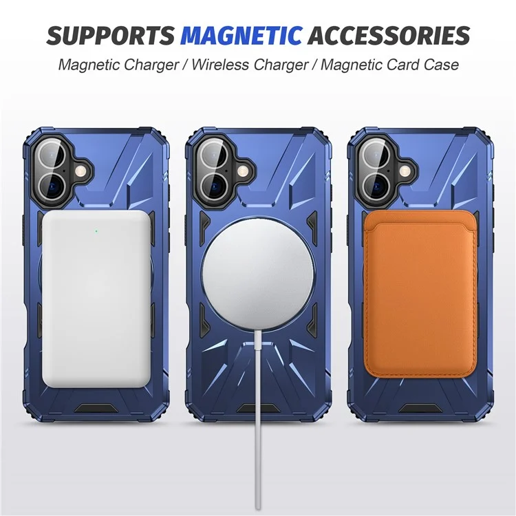 For iPhone 16 Magnetic Case TPU+PC Phone Cover with Rotary Ring Kickstand - Navy Blue