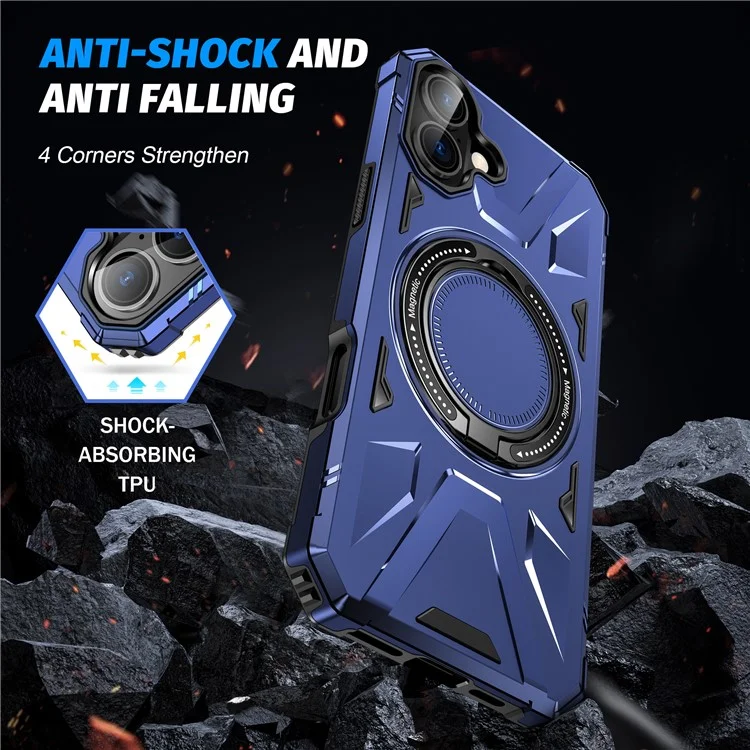 For iPhone 16 Magnetic Case TPU+PC Phone Cover with Rotary Ring Kickstand - Navy Blue