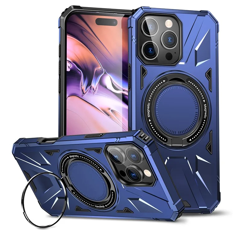 For iPhone 16 Pro Magnetic Case TPU+PC Ring Kickstand Anti-Drop Phone Cover - Navy Blue