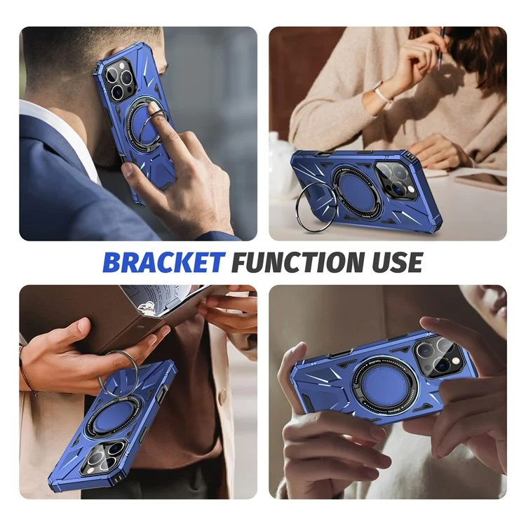 For iPhone 16 Pro Magnetic Case TPU+PC Ring Kickstand Anti-Drop Phone Cover - Navy Blue