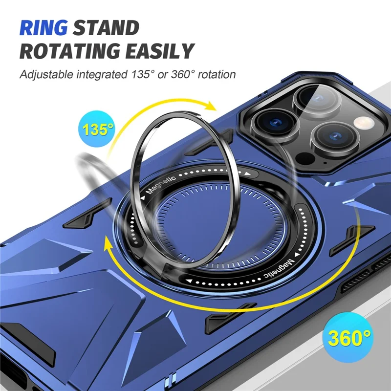 For iPhone 16 Pro Magnetic Case TPU+PC Ring Kickstand Anti-Drop Phone Cover - Navy Blue